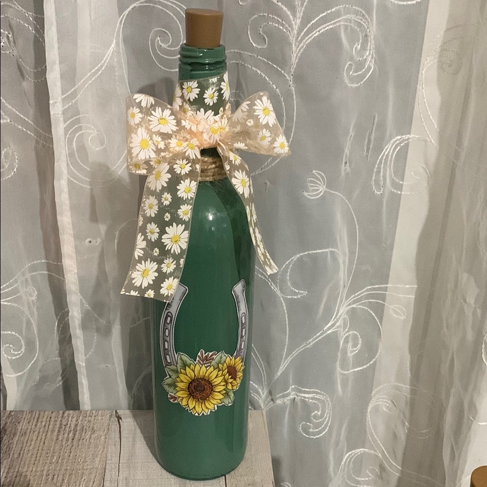 Hand Crafted - Painted Green Wine Bottle Lantern with Sunflower Design